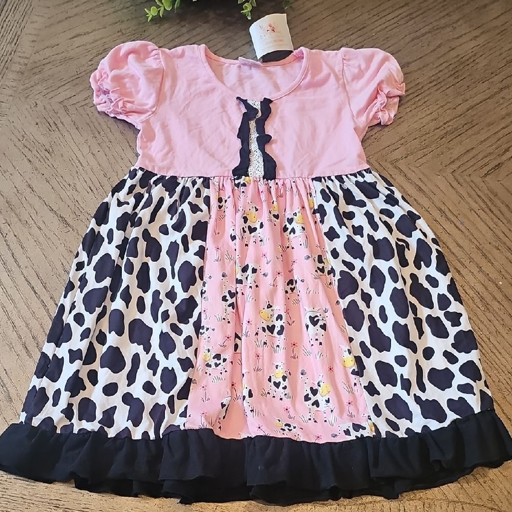 Pink and Black Cowprint Panel Girls' Dress Sizr 7/8 NWT
